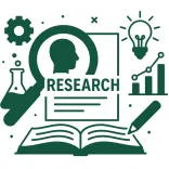 Graphic of research themes with a magnifying glass, human head silhouette, and various scientific symbols.