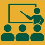 Dark green simplified illustration symbolizing a presenter and audience against a gold background.