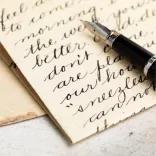 Close-up of a fountain pen on handwritten cursive paper.