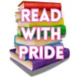 A stack of rainbow-colored books with the text "READ WITH PRIDE."