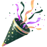 Illustrated green party popper releasing colorful curling streamers and confetti.