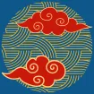 Stylized red clouds within a circular pattern of gold waves on a blue background.