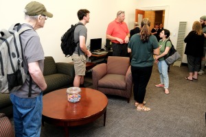 Students and staff talking in Veterans Center
