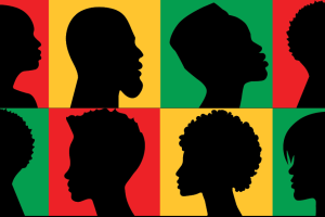 Black heads/silhouettes in red, green and yellow boxes