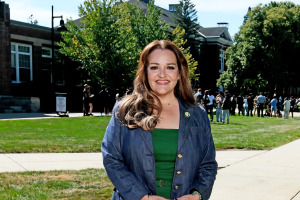 President Donna Hodge standing on the quad