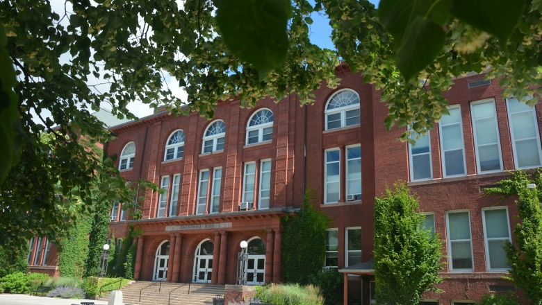 Thompson Hall exterior with leaves