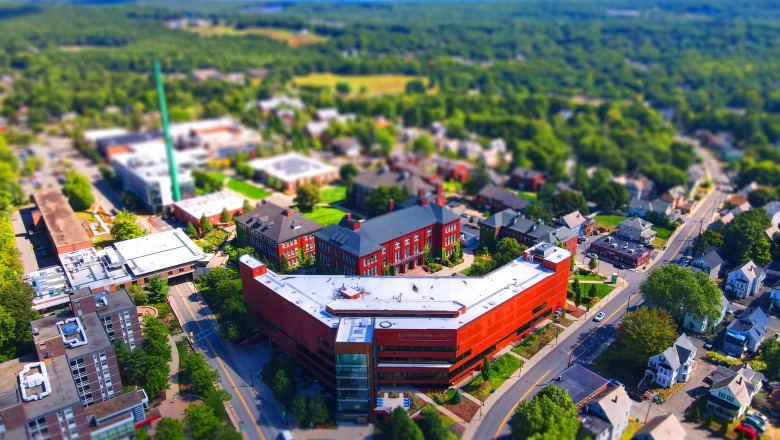 Aerial view of campus centered on Hammond Hall