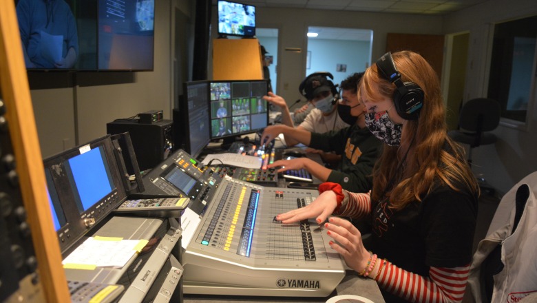 Students in the control room at Fitchburg Access Television