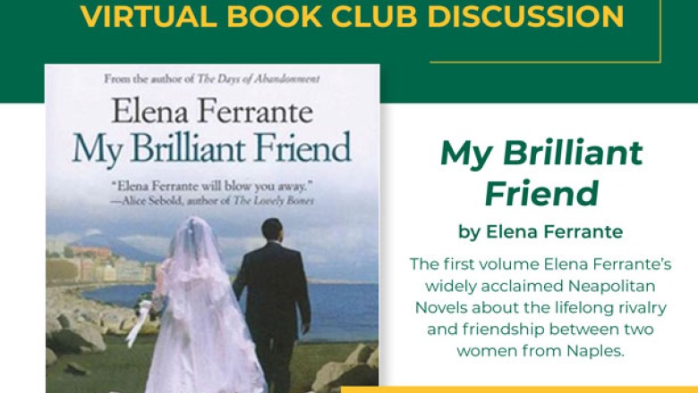 Cover of My Brilliant Friend Book with Bride and Groom and three little girls at ocean