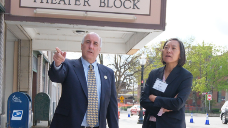 President Lapidus and Secretary of Economic Development Yvonne Hao touring theater block downtown