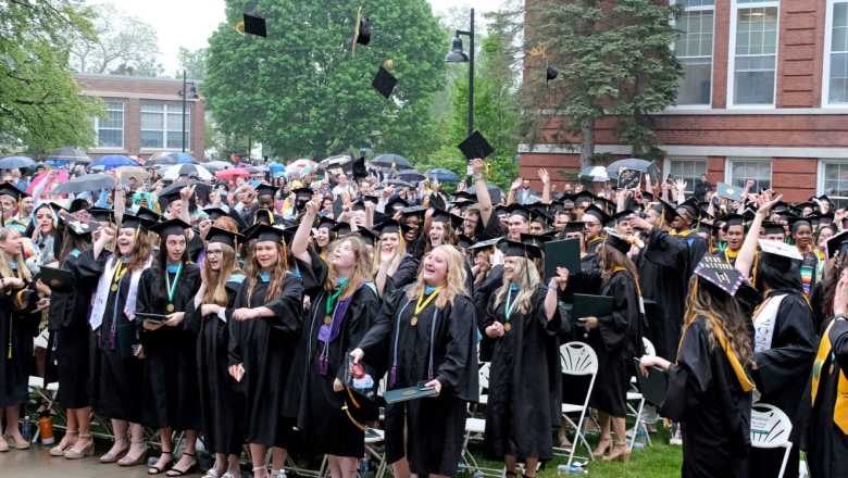 Photos of graduates tossing caps after commencement