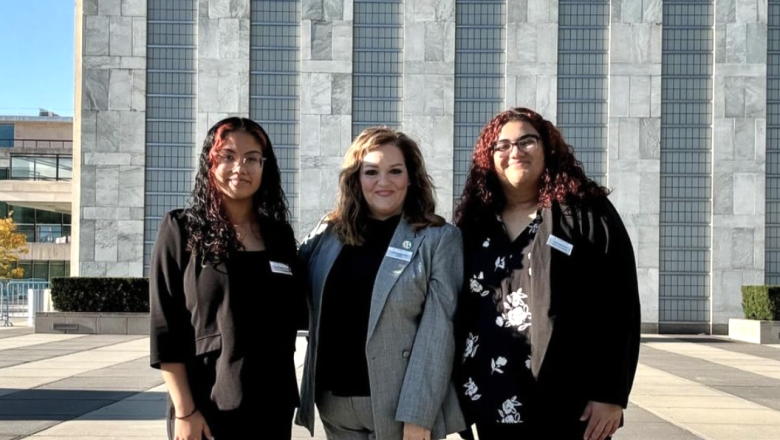 Photo of President Hodge with Adriana Padilla Salgado and Alexia Perez Lucas at UN