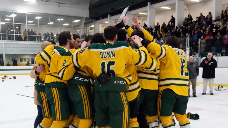 Men's ice hockey team celebrates after MASCAC win on March 8 2025