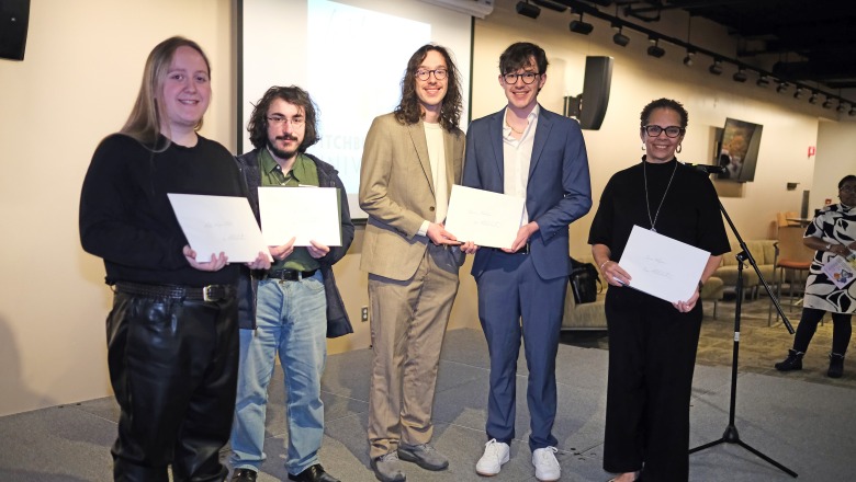Students pose with inaugural RA Salvatore creating writing prizes