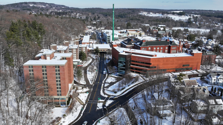 Aerial view of snowy campus.