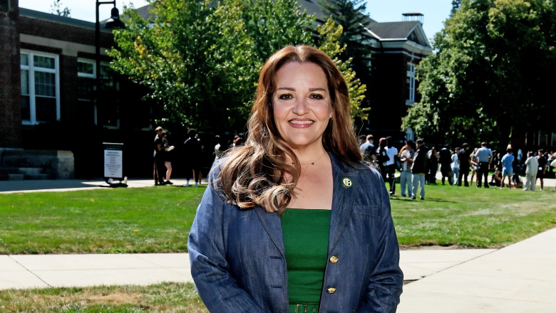 President Donna Hodge standing on the quad