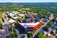 Aerial view of campus centered on Hammond Hall