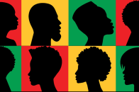 Black heads/silhouettes in red, green and yellow boxes