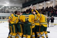Men's ice hockey team celebrates after MASCAC win on March 8 2025