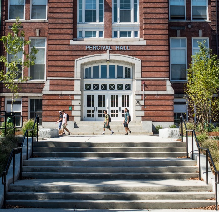 Students walking on the steps of Percival