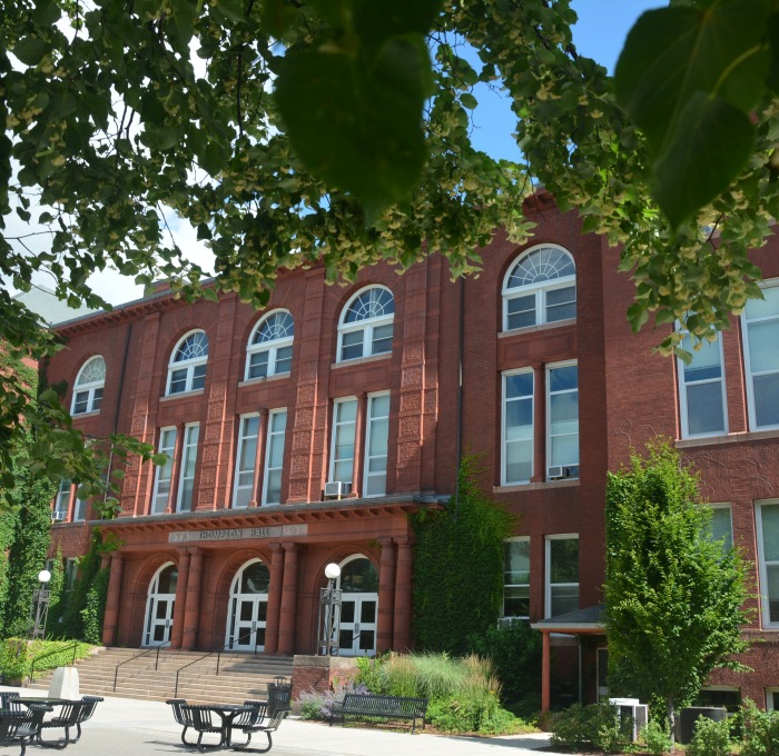 Thompson Hall exterior with leaves