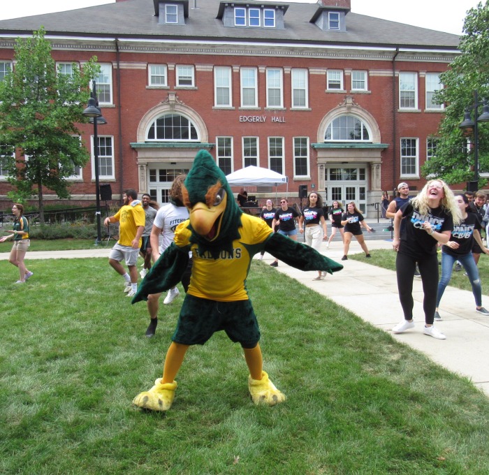 Freddy on Quad during Orientation with students