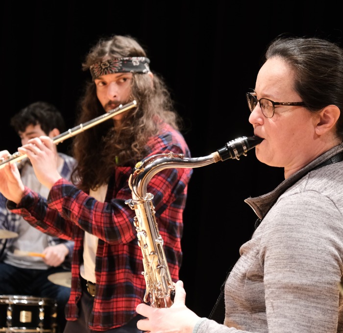 Amy McGlothin on sax and male flutist