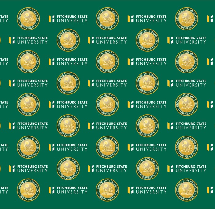 Meeting background green with gold university seal and Fitchburg state logo