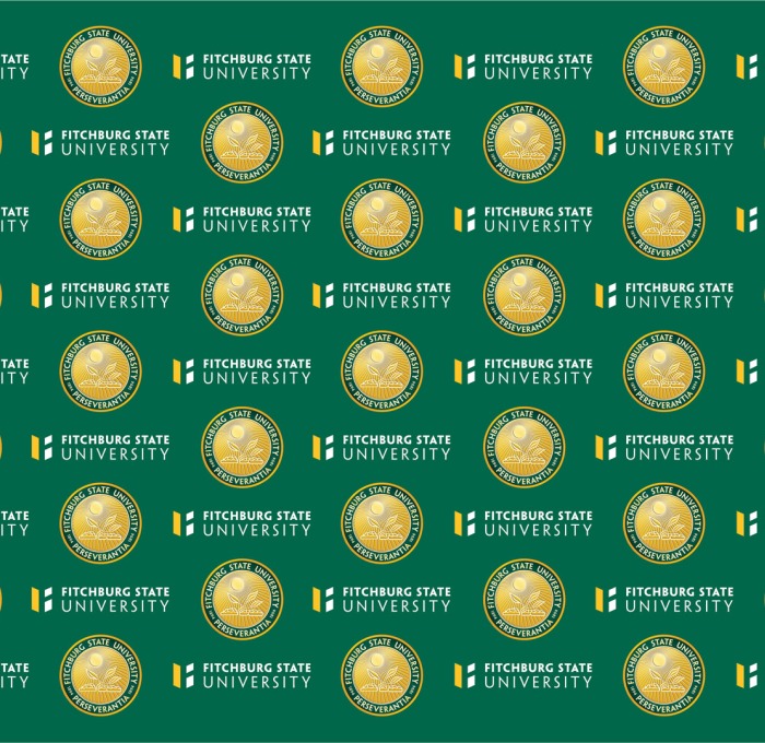 Meeting background green with gold university seal and Fitchburg state logo