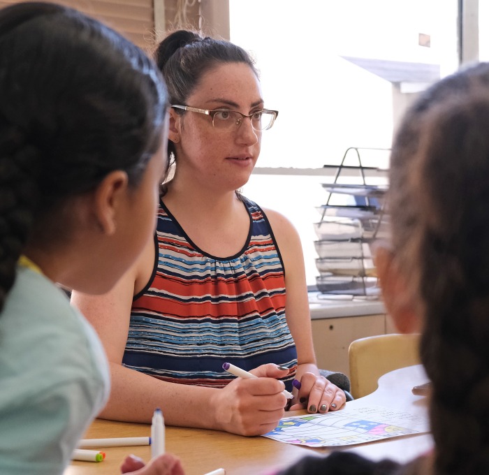 Teacher at table with students in the classroom