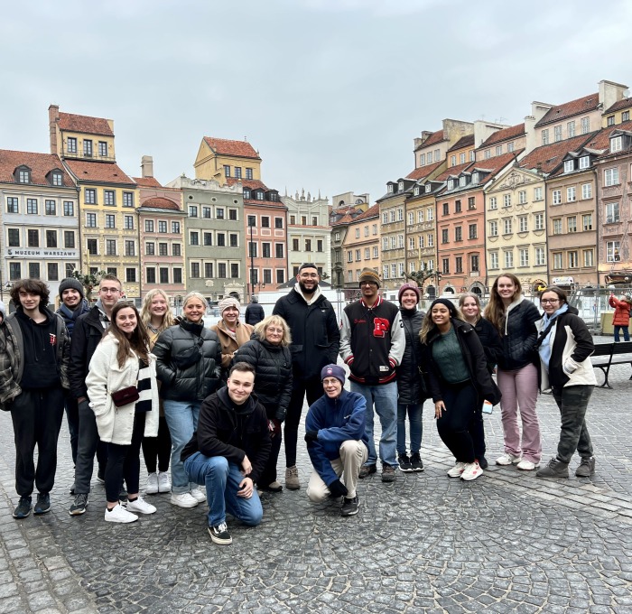 Students on the Heart of Europe Study Abroad Trip in a courtyard