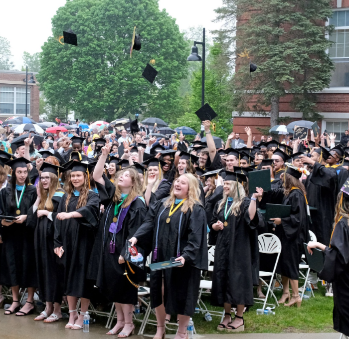 Photos of graduates tossing caps after commencement