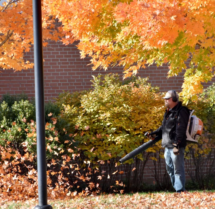 Maintainer blowing leaves on quad
