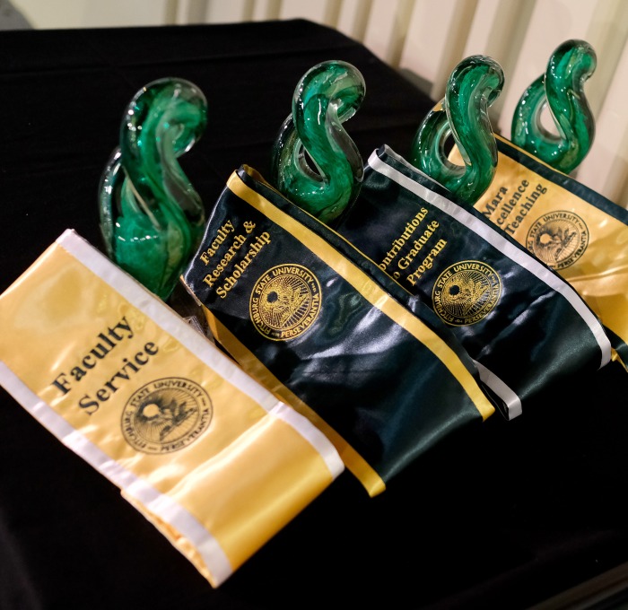 Faculty award trophies and ribbons on a table