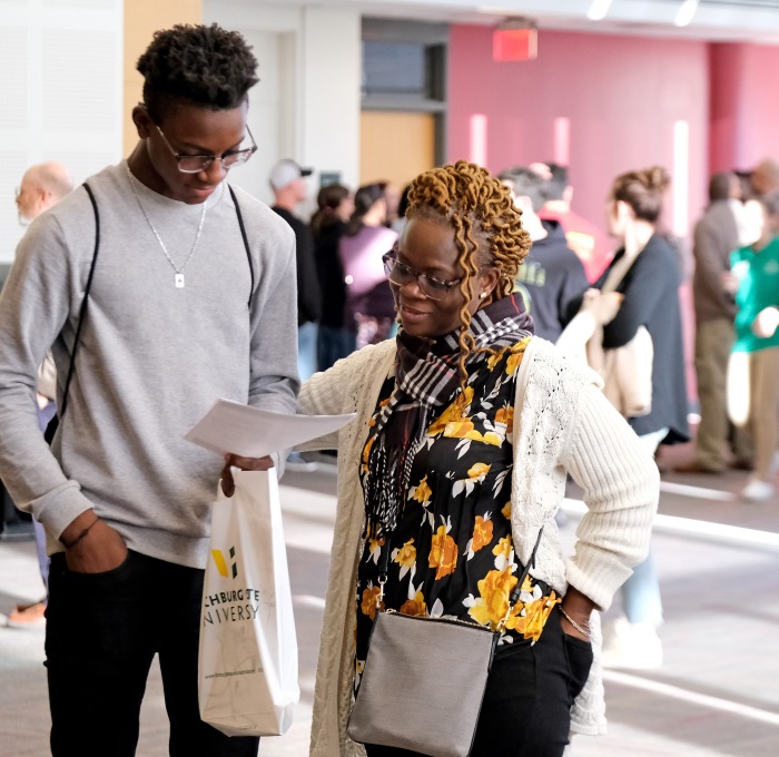 Parent and student at Future Falcon Day in main lounge of Hammond