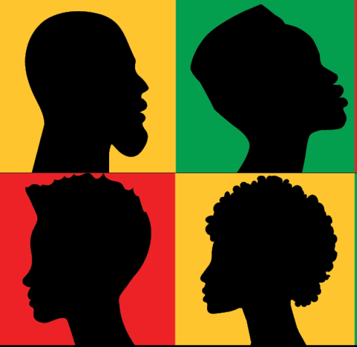 Black heads/silhouettes in red, green and yellow boxes