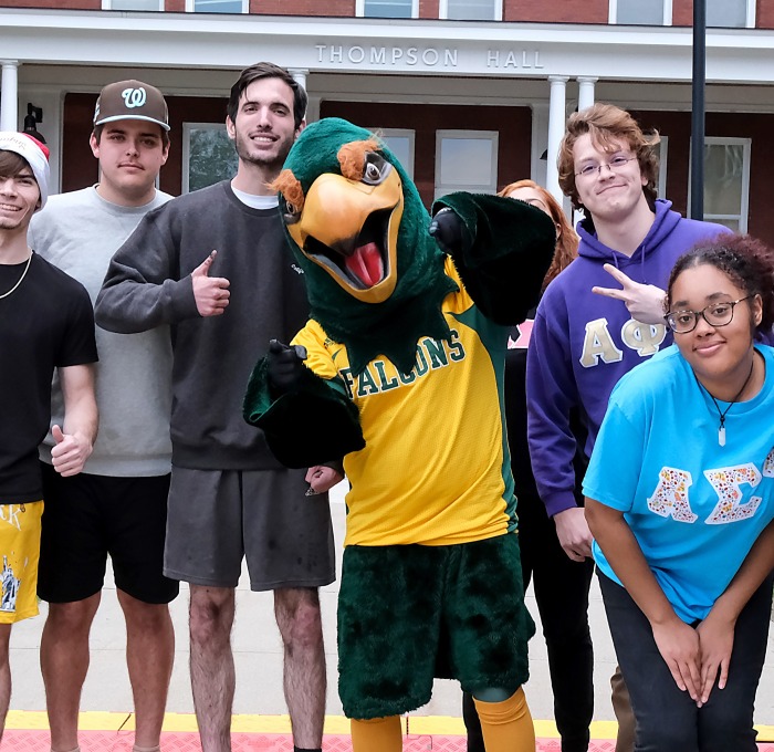 Greek life with Freddy on quad in front of Thompson