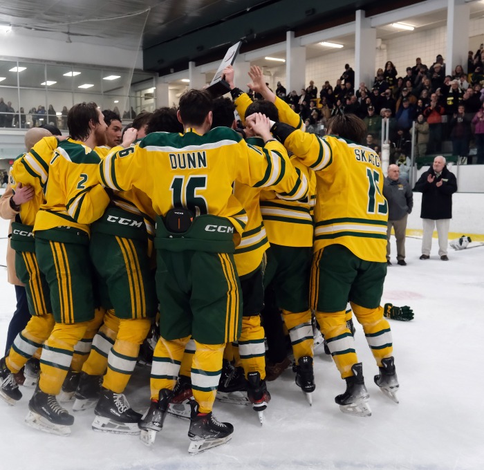 Men's ice hockey team celebrates after MASCAC win on March 8 2025