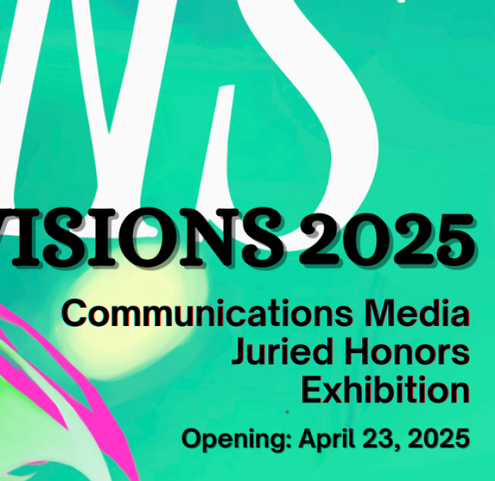 A decorative banner advertising Visions Comm Media Juried Honors Exhibition