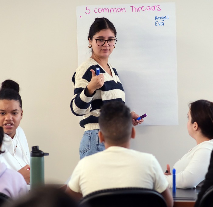 Student teacher at whiteboard in the classroom.