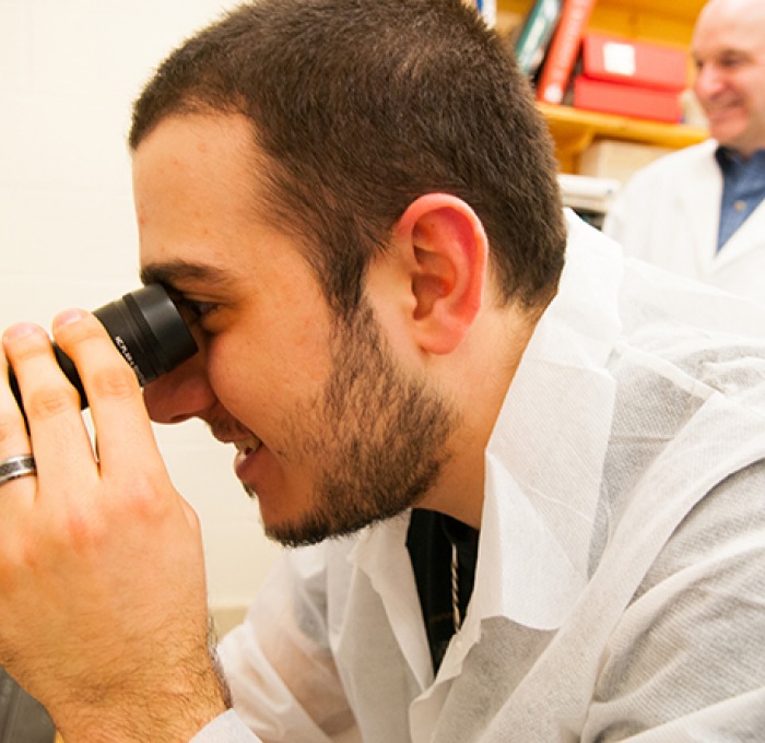An image showcasing the LECOM early acceptance program at Fitchburg State University. Student looking through a microscope