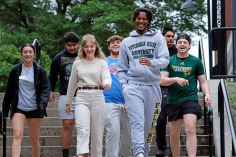 Smiling group of students walking down the stairs