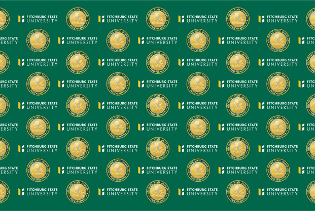 Meeting background green with gold university seal and Fitchburg state logo