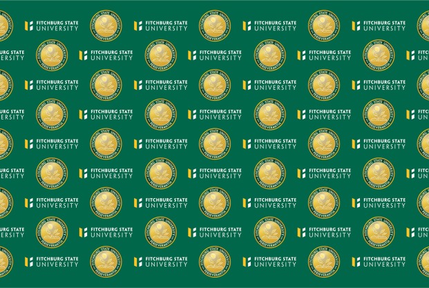 Meeting background green with gold university seal and Fitchburg state logo
