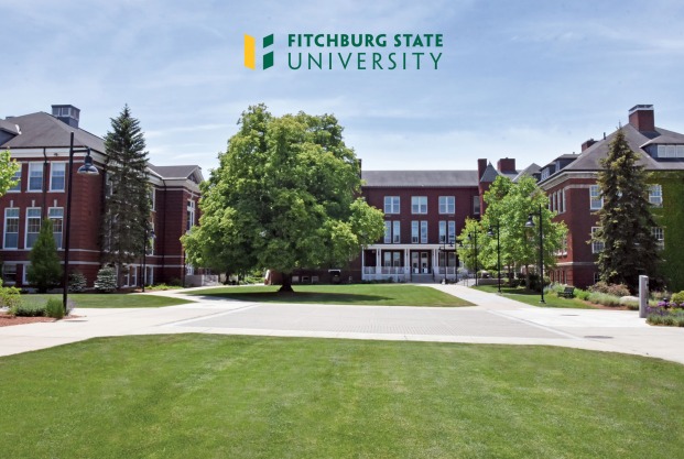 Meeting background campus buildings on the quad with logo up top