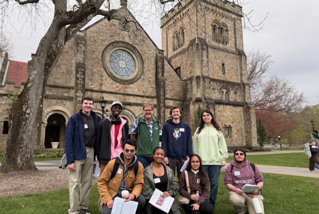 Students and faculty in front of church at Hudson River Undergraduate Mathematics Conference.