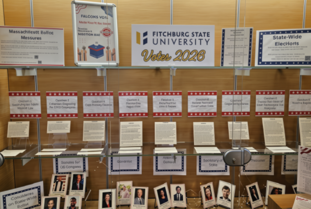 Election information display featuring Massachusetts ballot measures, Fitchburg State University Votes 2026, statewide elections, ballot questions, and candidate portraits.