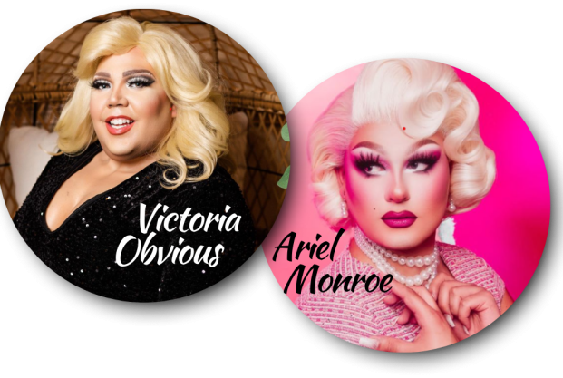 Overlapping circular portraits labeled “Victoria Obvious” and “Ariel Monroe", each featuring blond female presenting people in glam makeup.