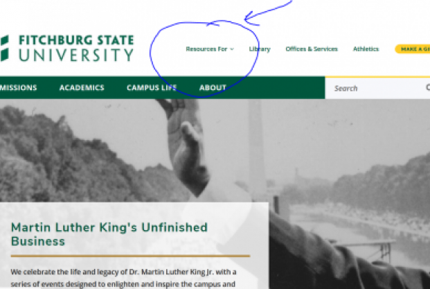 The "Resources for" dropdown menu on the homepage, circled