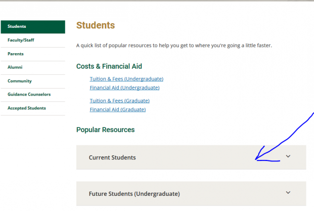 An arrow pointing to the "Current Students" dropdown menu on the "Students" page